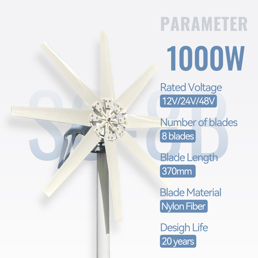 FLTXNY Horizontal Axis Wind Turbine Generator 12V 24V 48V for Home Use Low Wind Start-up 1000W Three phase AC 8-blade Wind Turbine Generator