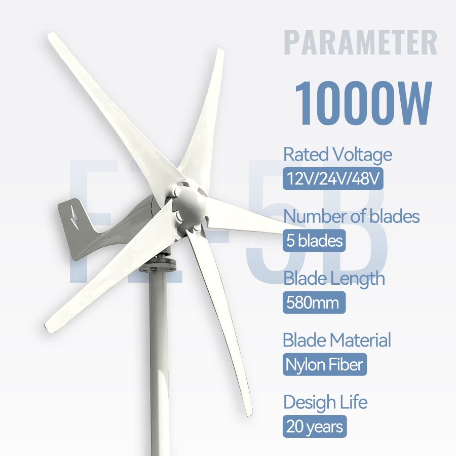 FLTXNY Horizontal Axis 600W 800W 1000W Wind Turbine Generator 12V 24V 48V for Home Use Low Wind Start-up Three phase AC 5-blade Wind Turbine Generator